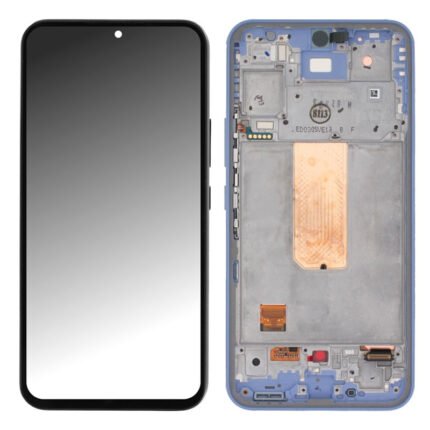 Écran complet violet pour Samsung Galaxy A54 5G posé sur fond blanc avec châssis, vue avant