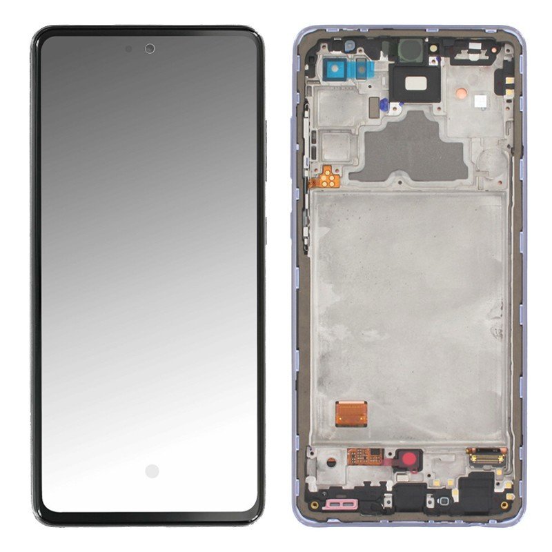 Écran violet pour Galaxy A72 posé à plat sur fond blanc
