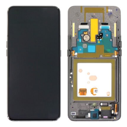 Vue avant de l'écran complet noir pour Samsung Galaxy A80 posé sur fond blanc