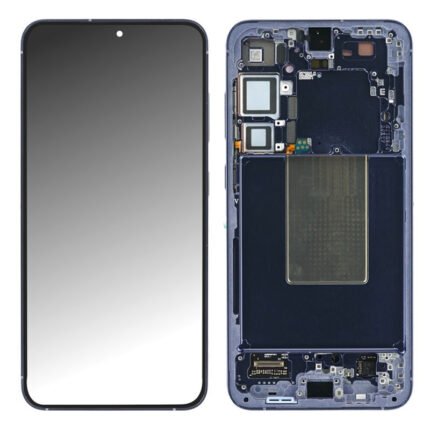Écran indigo préassemblé pour Galaxy S24 Plus posé sur fond blanc montrant la dalle et le châssis