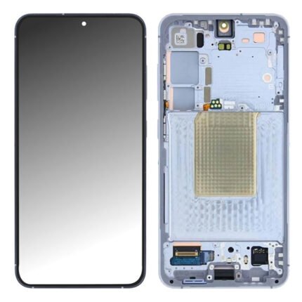 Écran complet bleu préassemblé pour Samsung Galaxy S24 Plus posé sur fond blanc