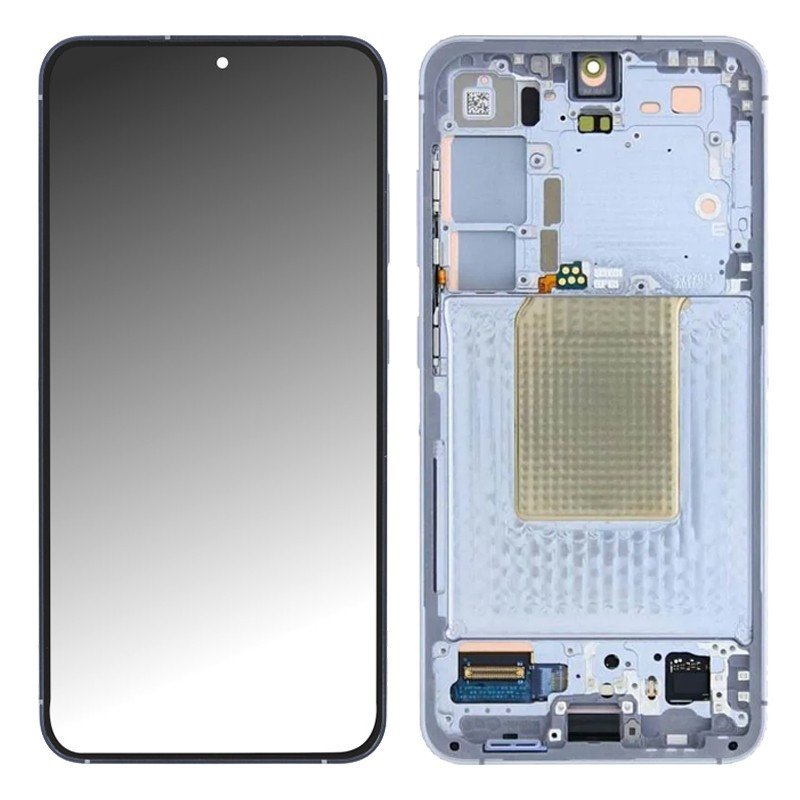 Écran complet bleu préassemblé pour Samsung Galaxy S24 Plus posé sur fond blanc