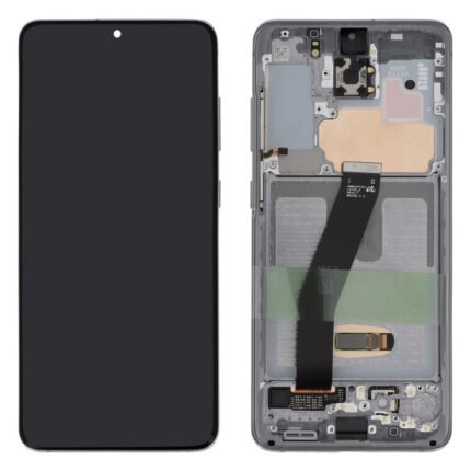 Écran frontal gris pour Galaxy S20 présenté sur fond blanc, vue sur la dalle AMOLED