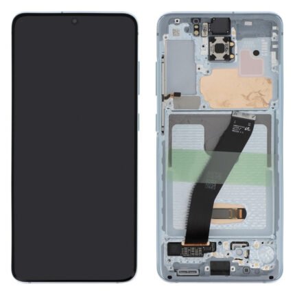Vue avant de l'écran bleu Samsung Galaxy S20 montrant la dalle AMOLED complète