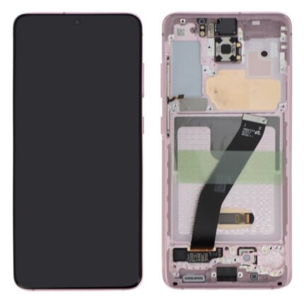 Vue face d'un écran rose prémonté pour Galaxy S20 affiché allumé sur table