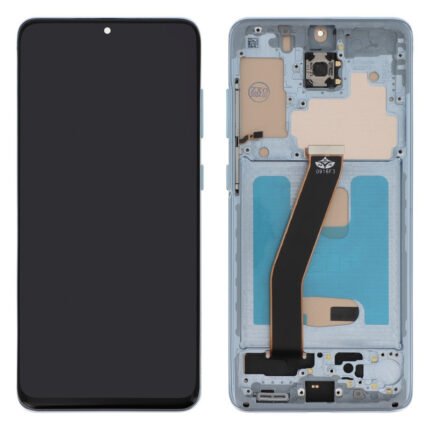 Module écran complet bleu pour smartphone posé sur fond clair, vue avant avec châssis prémonté