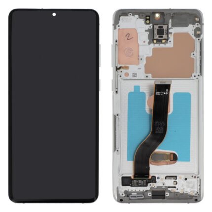 Vue avant de l'écran blanc prémonté pour Galaxy S20 Plus posé sur une surface claire
