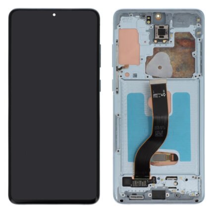 Gros plan sur un écran bleu prémonté avec châssis, vitre tactile et protections