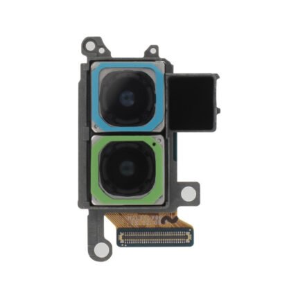 Module caméra arrière 12MP pour smartphone posé sur fond blanc - vue rapprochée du connecteur