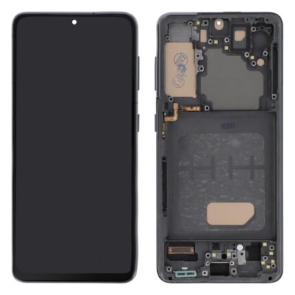 Vue avant de l'écran LCD gris préassemblé pour Galaxy S21 5G sur fond blanc