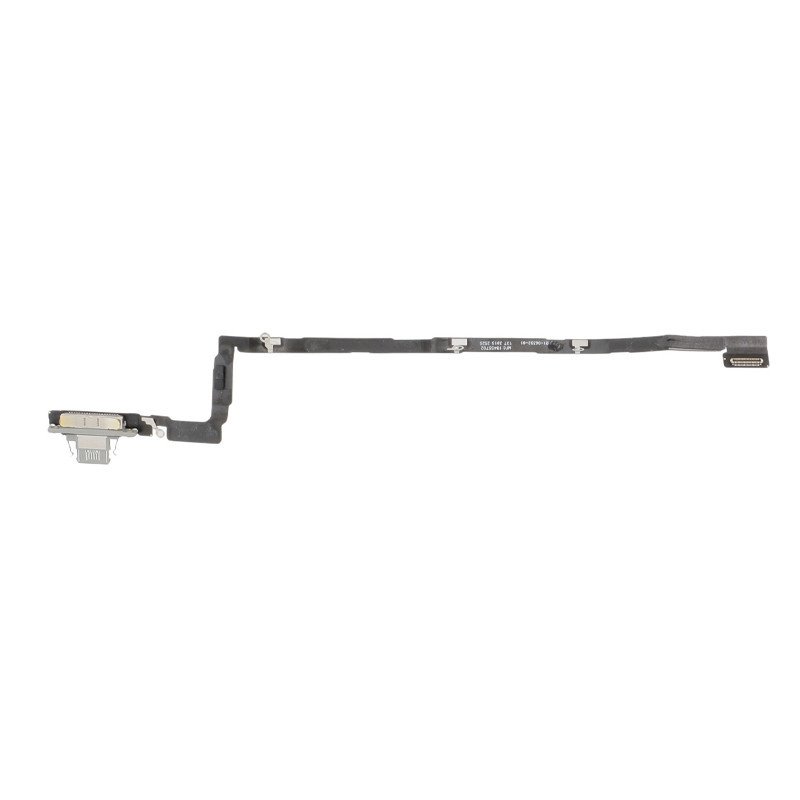 Vue de profil du connecteur de charge Blanc Nuage fixé sur une nappe flexible, contact propre