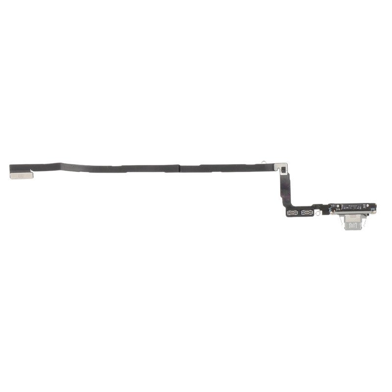 Gros plan sur la nappe de charge avec connecteur Lightning blanc, broches visibles et circuits