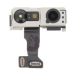 Module caméra avant iPhone 17 posé sur fond blanc, vue côté connecteur