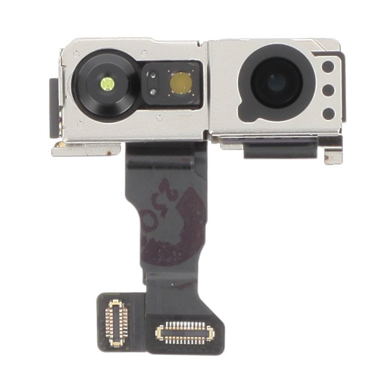 Module caméra avant iPhone 17 posé sur fond blanc, vue côté connecteur