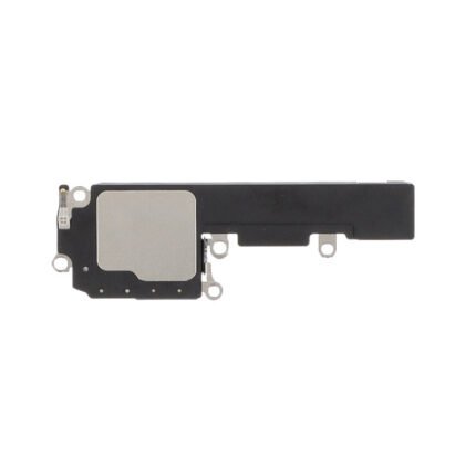 Module haut-parleur iPhone 17 posé sur fond blanc, vue de face avec contacts visibles