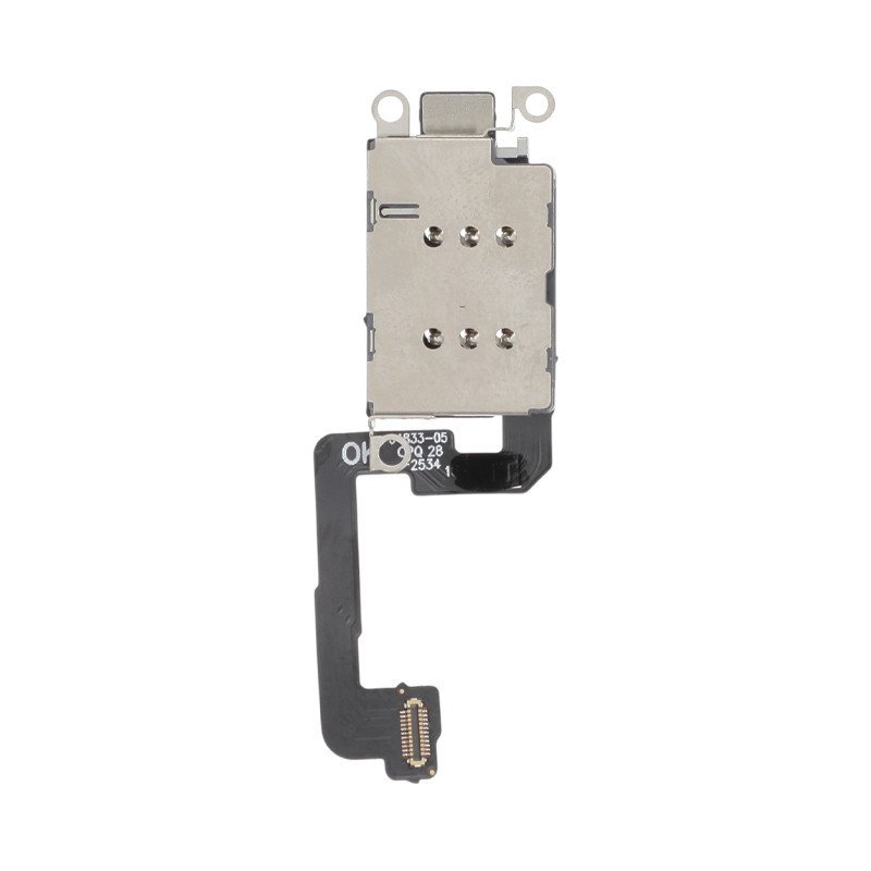 Module lecteur SIM iPhone 17 sur fond blanc, vue rapprochée du connecteur