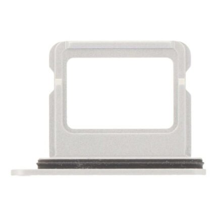 Tiroir SIM blanc pour iPhone posé sur fond neutre montrant la découpe métallique