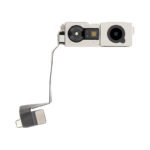 Module caméra avant iPhone posé sur fond blanc, vue rapprochée du capteur et connecteur