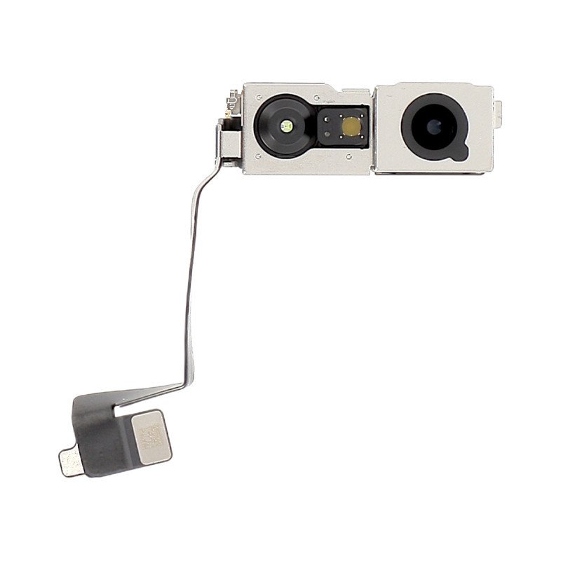 Module caméra avant iPhone posé sur fond blanc, vue rapprochée du capteur et connecteur
