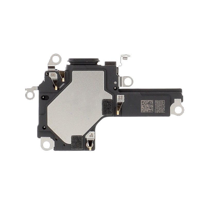Module haut-parleur iPhone 17 Pro posé sur fond blanc, vue de face montrant la membrane