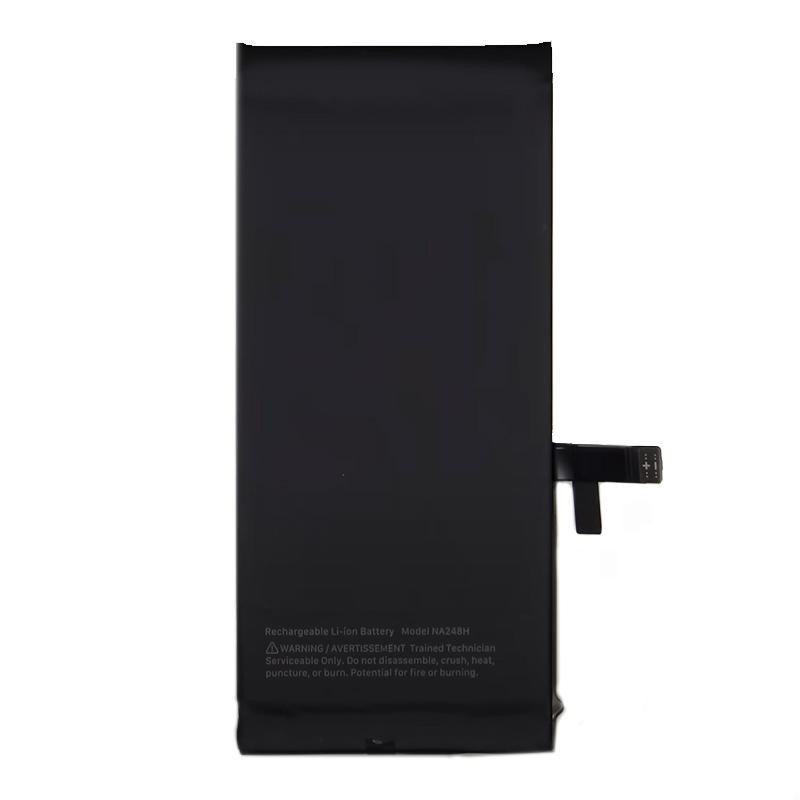 Batterie plate noire pour smartphone posée sur fond blanc avec connecteur flex visible