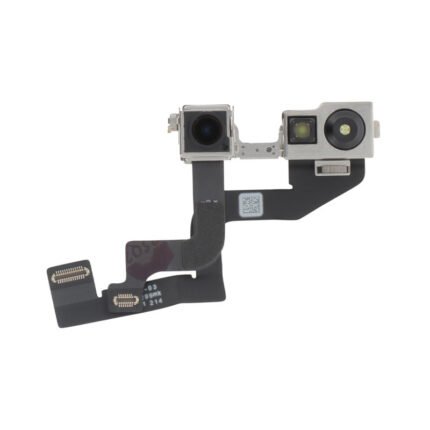 Module de caméra frontale posé sur fond blanc montrant la nappe de connexion et le boîtier